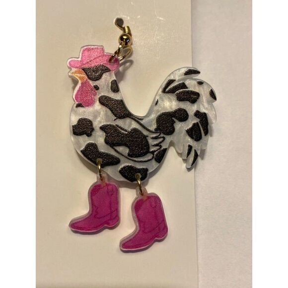 Rooster Earrings Spotted Chicken Dangle Hot Pink Cowboy Boots Quirky Western - Picture 2 of 7